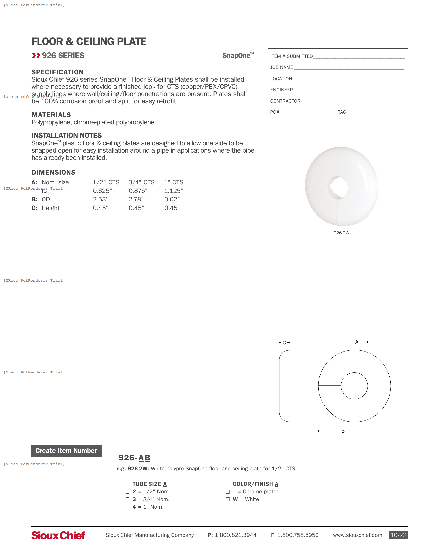926 SERIES - SNAPONE CTS F&C PLATE - SPEC SHEET.PDF Specification Document